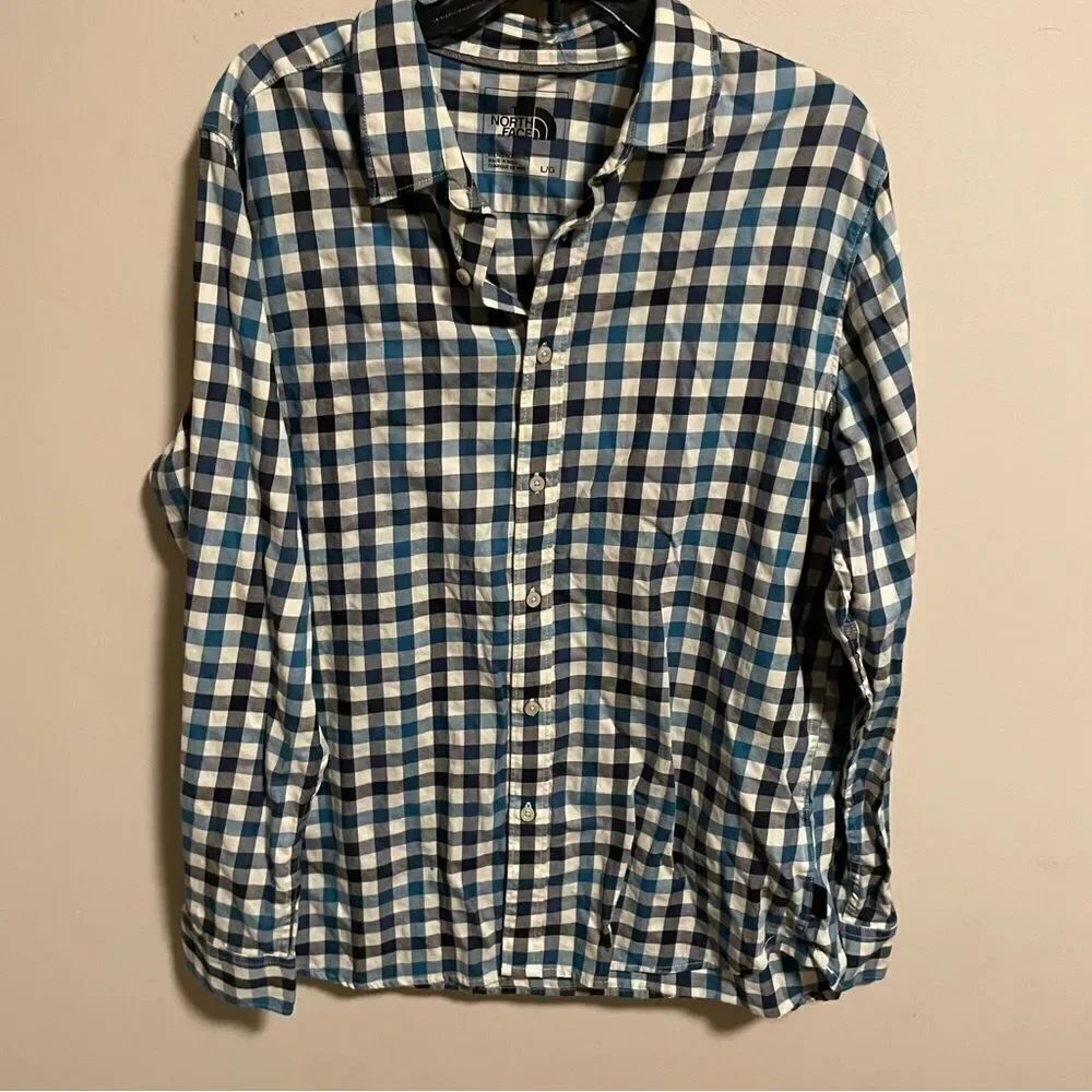 THE NORTH FACE Men's Button Down Shirt Green Black White Check Plaid Size Large
